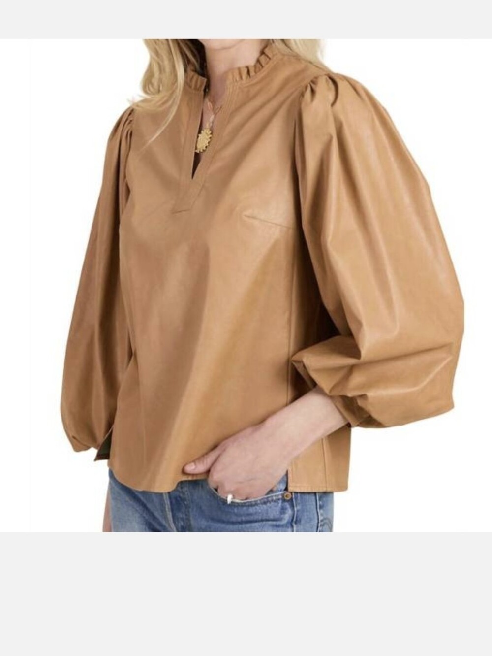 Tyler Boe Faux Leather Puff Sleeve Blouse Camel Size Small